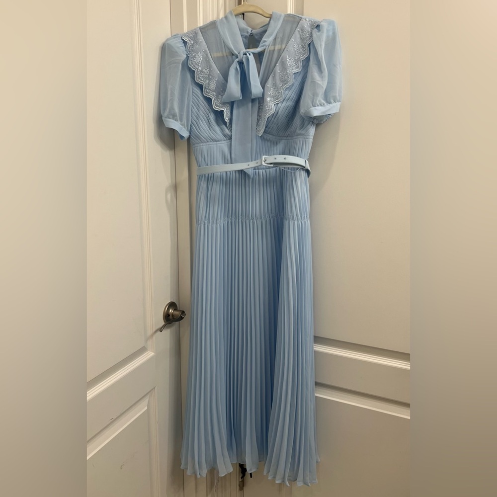 NWT Self-Portrait Blue Pleated Chiffon Midi Dress with Bow Neck